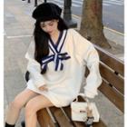 V-neck Two Tone Bow Oversize Pullover White - One Size