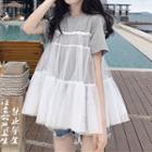 Mock Two-piece Short-sleeve Tiered Mesh T-shirt
