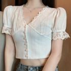 Short-sleeve Lace Trim Buttoned Crop Top White - One Size