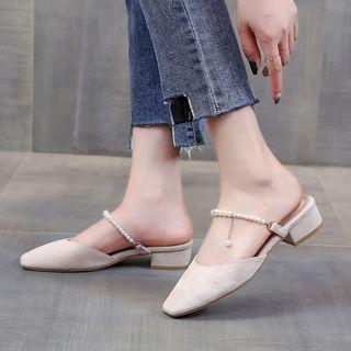 Faux Pearl Strap Low Heel Mules