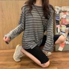 Long-sleeve Striped T-shirt / Skinny Denim Shorts
