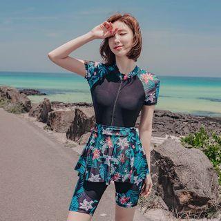 Set: Flower Print Short-sleeve Zip Rashguard + Swim Shorts