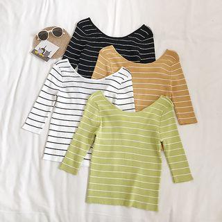 Bow-accent Elbow-sleeve Stripe Knit Top