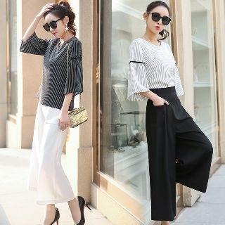 Set: 3/4-sleeve Striped Top + Wide-leg Pants