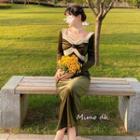 Long-sleeve Rosette Midi Velvet Dress