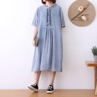 Ruffle Trim Short-sleeve Denim Midi A-line Dress