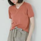 V-neck Short-sleeve Knit Top Tangerine - One Size