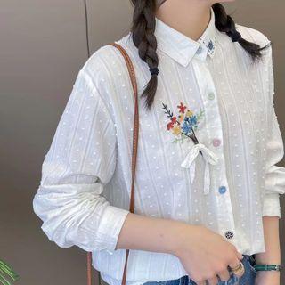 Floral Embroidered Plain Shirt White - One Size