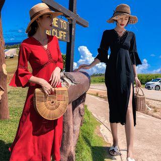 Elbow-sleeve Split-hem Midi A-line Dress