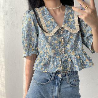 Flower Print Short-sleeve Blouse Floral - Blue - One Size