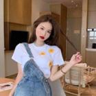 Distressed Bow Accent Denim Pinafore Dress / Short-sleeve Floral Printed T-shirt