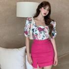 Flower Print Short-sleeve Blouse / High-waist Mini Pencil Skirt