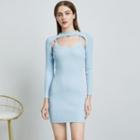 Set: Long-sleeve Shrug + Spaghetti Strap Knitted Mini Dress