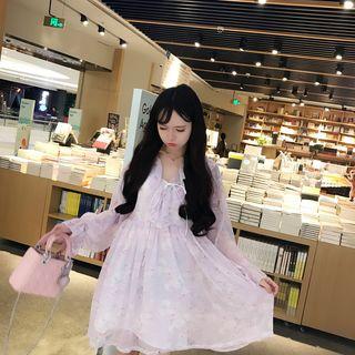 Floral Print Ruffle Trim Long Sleeve Dress / Slipdress