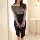 Set: Off-shoulder Lace Long-sleeve Top + Front Slit Pencil Skirt
