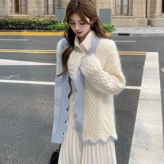 Scalloped-edge Paneled Cardigan / Shirt / Pleated Midi A-line Skirt