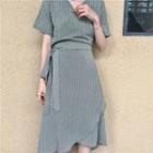 Striped Tie-waist Short-sleeve Midi A-line Dress