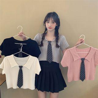 Lapel Short-sleeve Necktie Knit Top