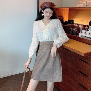 V-neck Lace-trim Long-sleeve Blouse / A-line Skirt