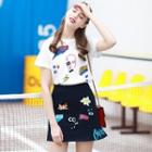 Set: Short-sleeve Printed T-shirt + Embrodiered A-line Skirt
