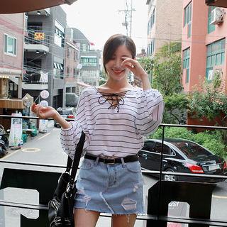 Long-sleeve Lace-up Front Stripe Top