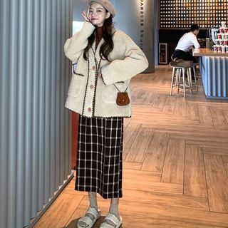 Fleece Button Jacket / Midi A-line Plaid Skirt