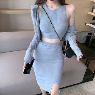 Plain Zipped Knit Hoodie / Sleeveless Cropped Top / Midi Skirt