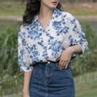 Floral Blouse / Denim Midi A-line Skirt