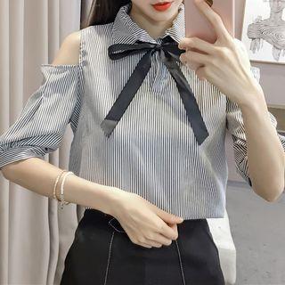 Striped Cutout Shoulder Elbow-sleeve Top