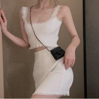 Lace Trim Cropped Knit Top / Knit Skirt