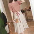 Short-sleeve Plaid Blouse / Midi A-line Skirt