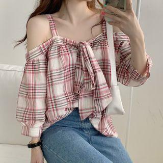 Long-sleeve Cold Shoulder Plaid Blouse