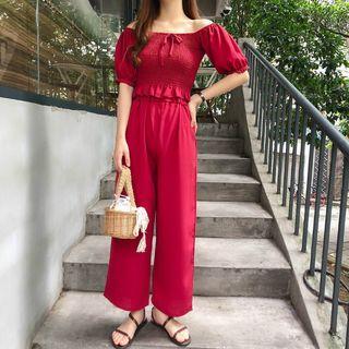 Set: Chiffon Short-sleeve Top + Wide-leg Pants