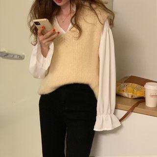 Plain V-neck Knit Vest / Long-sleeve V-neck Blouse