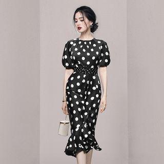 Short-sleeve Dotted Belted Midi A-line Dress