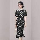 Short-sleeve Dotted Belted Midi A-line Dress