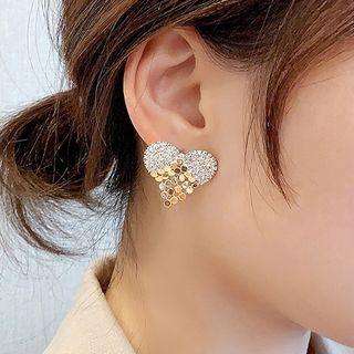 Rhinestone Heart Ear Stud 1 Pair - 925 Silver Needle - One Size