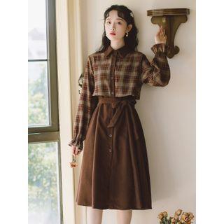 Mock Two-piece Plaid Panel Midi A-line Shirtdress