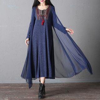 Embroidered Long-sleeve Mock Two-piece Maxi Dress