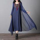 Embroidered Long-sleeve Mock Two-piece Maxi Dress