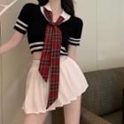 Knit Crop Top / Pleated Mini A-line Skirt / Necktie