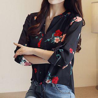 Flower Print V-neck Long-sleeve Blouse