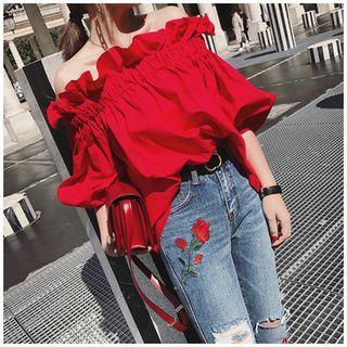 Short-sleeve Off Shoulder Blouse Red - One Size