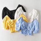 Plain Puff-sleeve Lace-up Cropped Blouse