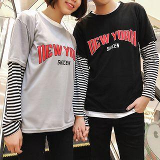 Couple Matching Striped Panel Printed Long-sleeve T-shirt