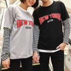 Couple Matching Striped Panel Printed Long-sleeve T-shirt