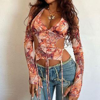 Printed Halter Long Sleeve Cut-out Cropped Top