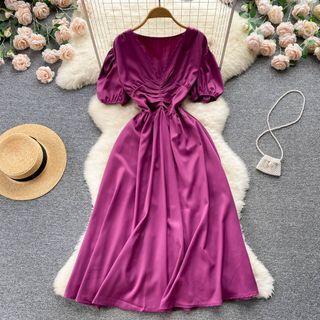 Puff Short-sleeve V-neck Plain Ruched Dress