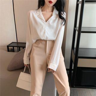 Notch Lapel Blouse / High-waist Straight-leg Pants