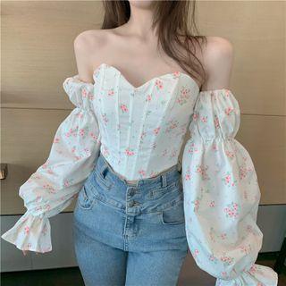 Puff-sleeve Off-shoulder Floral Print Slim-fit Top